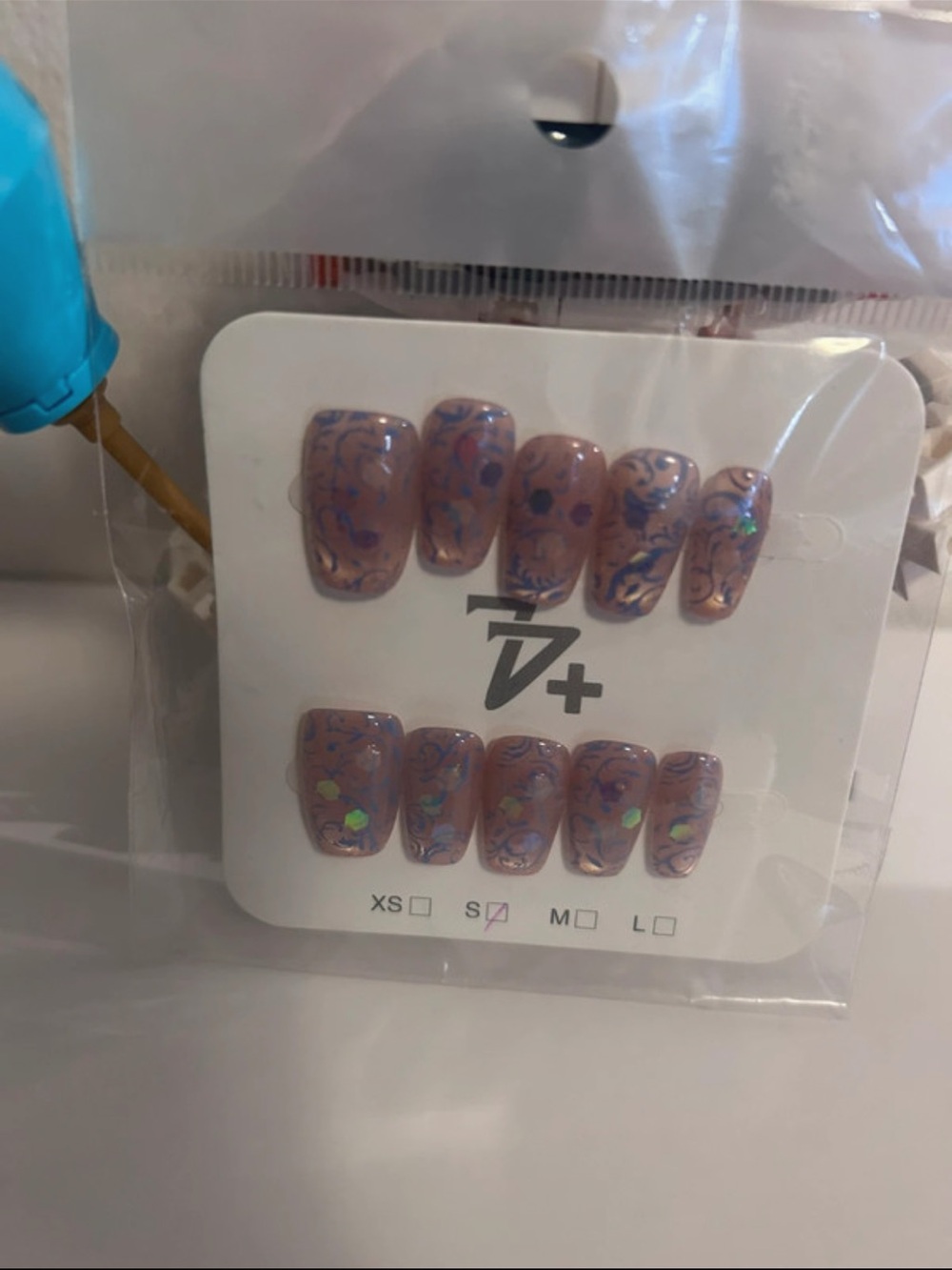 Press-On Nail Set - Brown Marble with Blue Accents